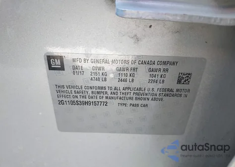 2017 Chevrolet Impala 1Lt z USA, uszkodzony, nr VIN 2G1105S39H9157772